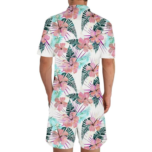 Men's Short Sleeve 3D Graphic Romper Tropical Floral Print Zip Front  Sz. Medium - Picture 2 of 10